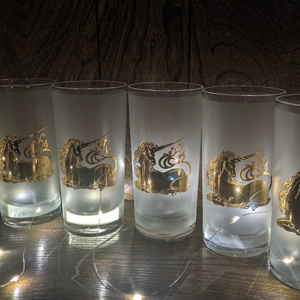 6 Vintage Culver Unicorn Frosted Highball Tumblers 22K Gold Glasses Cups